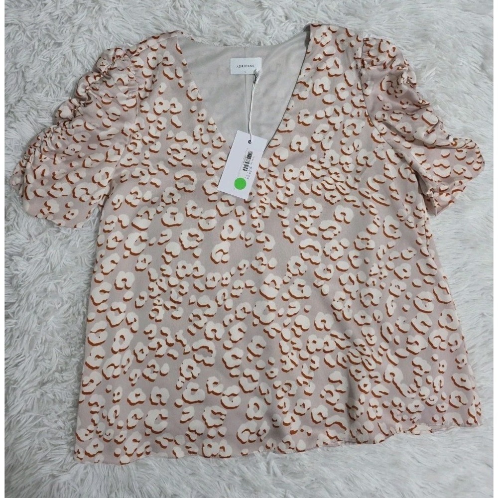Adrienne Vittadini Top‎ Women's Large L Dots Confetti Short Sleeve Blouse V Neck